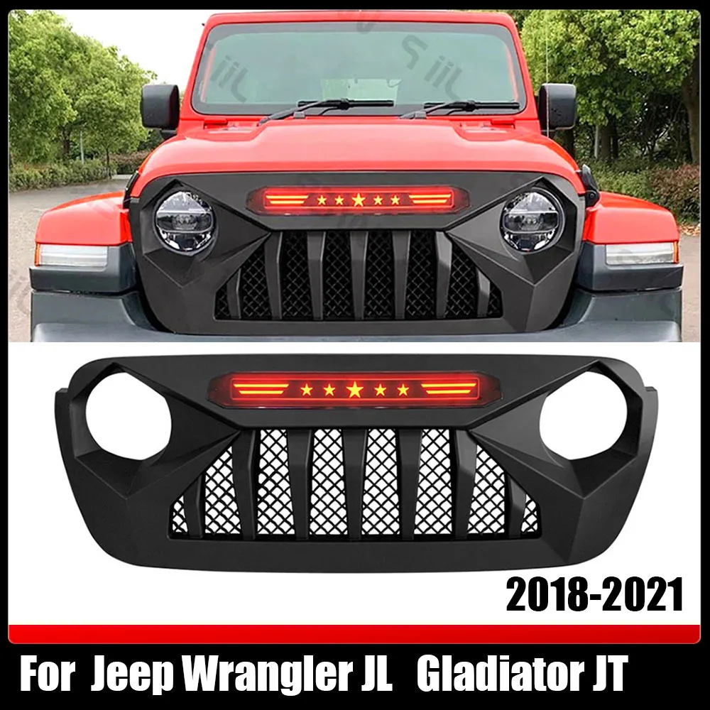 

Front Mesh Grill Racing Grills Accessories Offroad Bumper Grille Cover with Light For Jeep Wrangler JL Gladiator JT 2018-2021