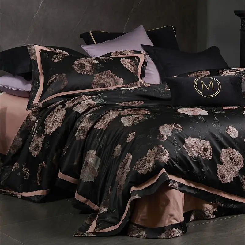 4Pcs Vintage Rose Pattern Luxury Bedding Set 1000TC Egyptian Cotton Brocade Silky Duvet Cover Bed Sheet Pillowcases (No Filling)