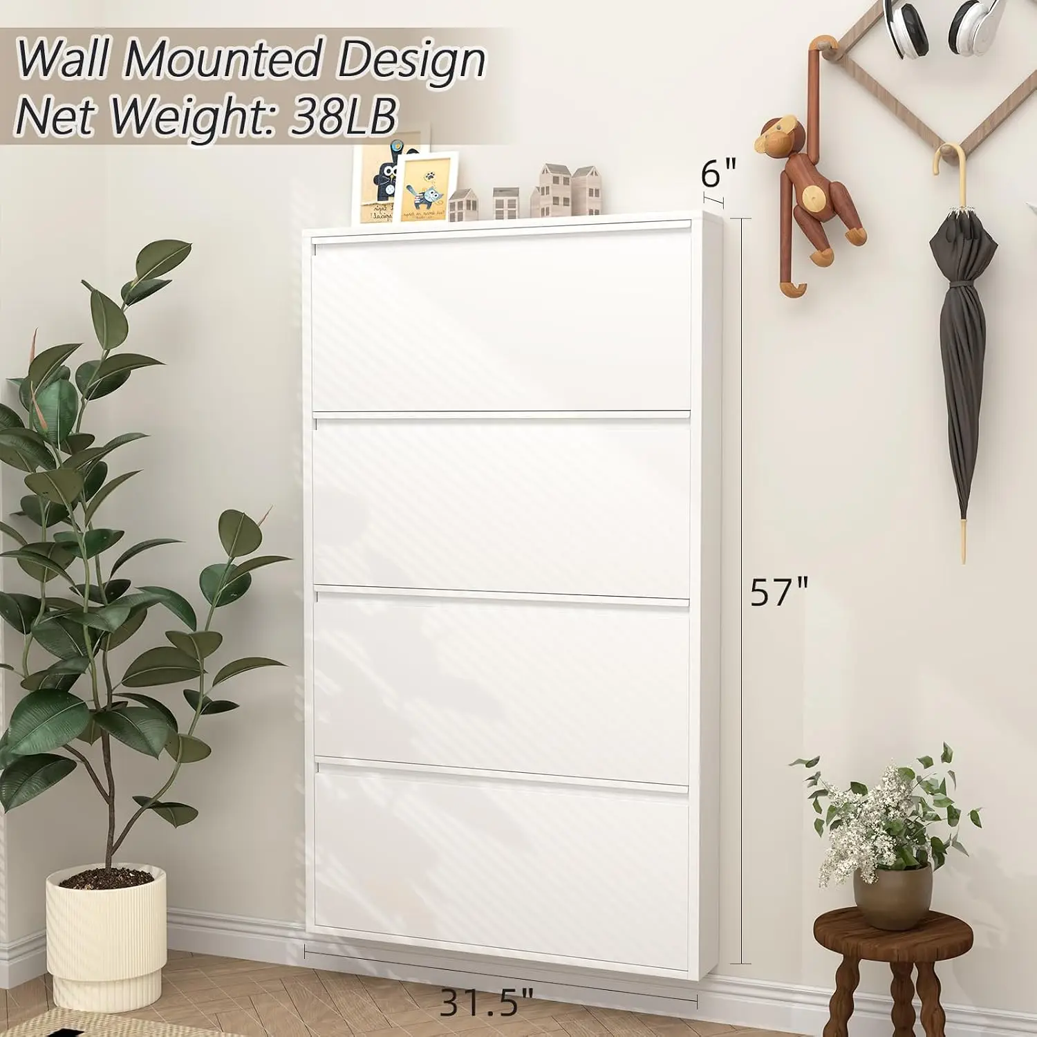6" Slim Wall Mounted Metal Shoe Cabinet, Hidden 4 Flip Drawers Storage Rack for Closet, Customized