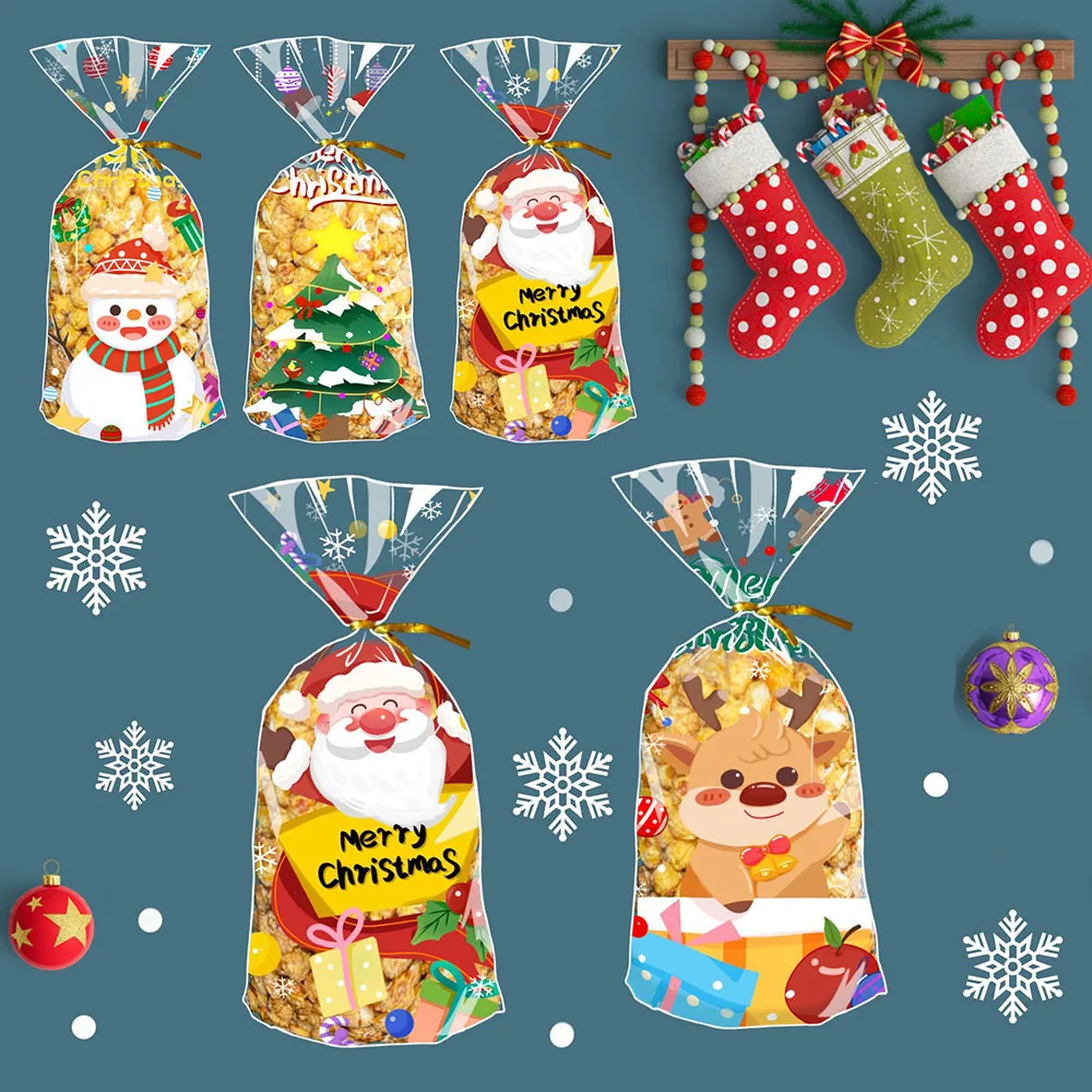 50pcs Merry Christmas Cellophane Bags With Twist Ties Xmas Clear Cello Candy Gift Bags New Year's Eve Christmas Party Decoration