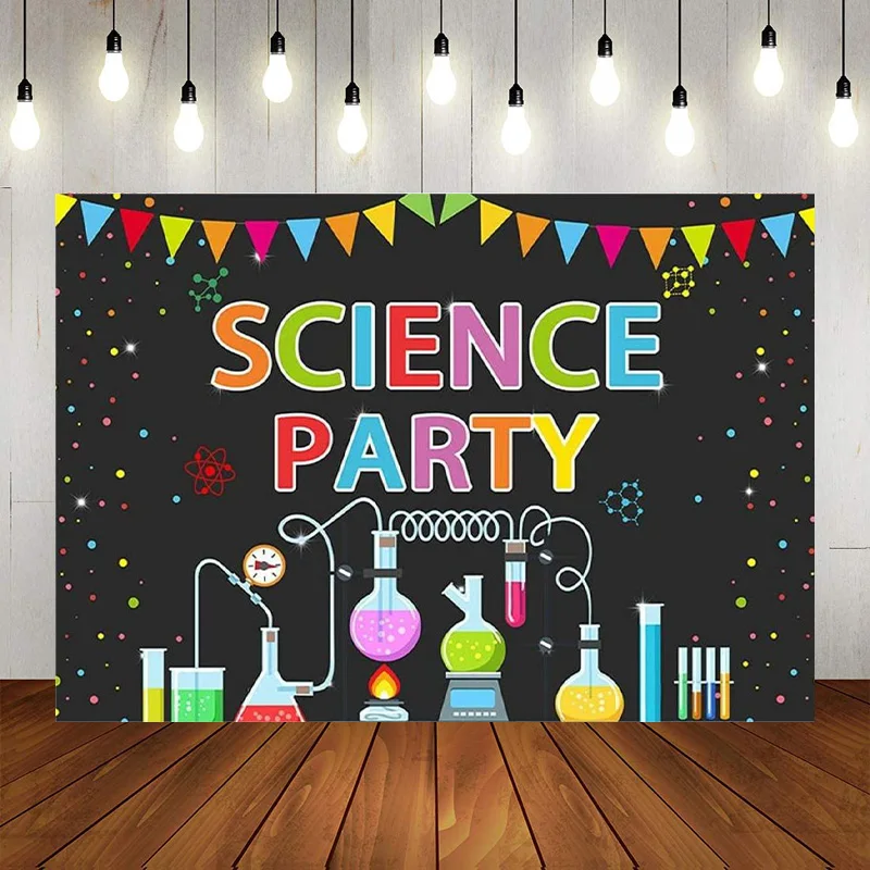 Science Birthday Party Backdrop Mad Fun Chemical Experiments Instruments Black Photographic Background Party Decorations Banner