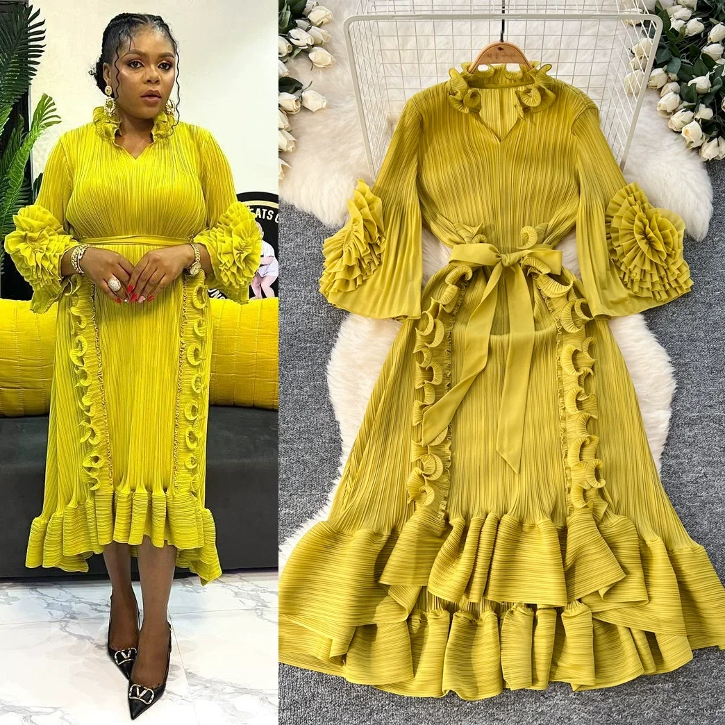 

Ruffles Dress Women Long Dresses A Line Vestidos Streetwear V Neck Floral Elegant Y2k Lace Up High Waist Party Night White