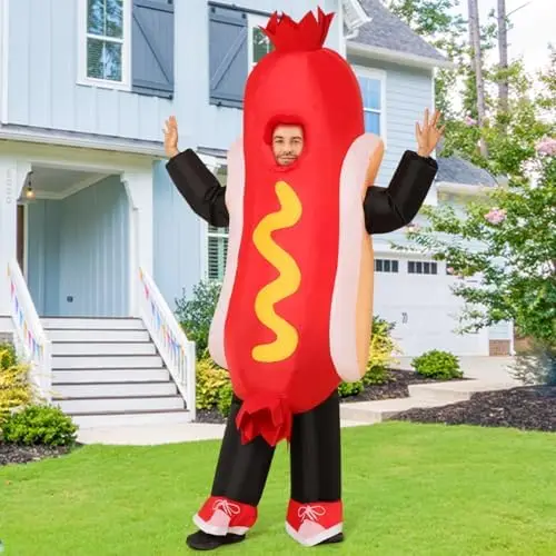 Adult Inflatable Hot Dog Costume Funny Halloween Blow-up Cosplay Suit for Women and Men Party Decorations