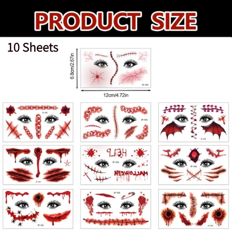 *Realistic Fake Scar Tattoos 10 Sheets Waterproof Skin Safe Temporary Stickers for Halloween Cosplay Prank Game