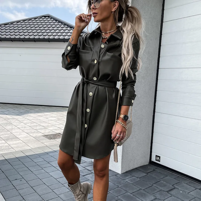 Women's dresses autumn and winter explosive single-breasted lapel sexy laced PU leather dresses long-sleeved dress niche senior