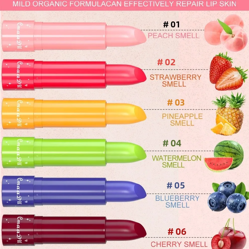 6 قطع من أحمر الشفاه المتغير الألوان، بلسم شفاه يومي مرطب يدوم طويلاً بنكهة الفاكهة