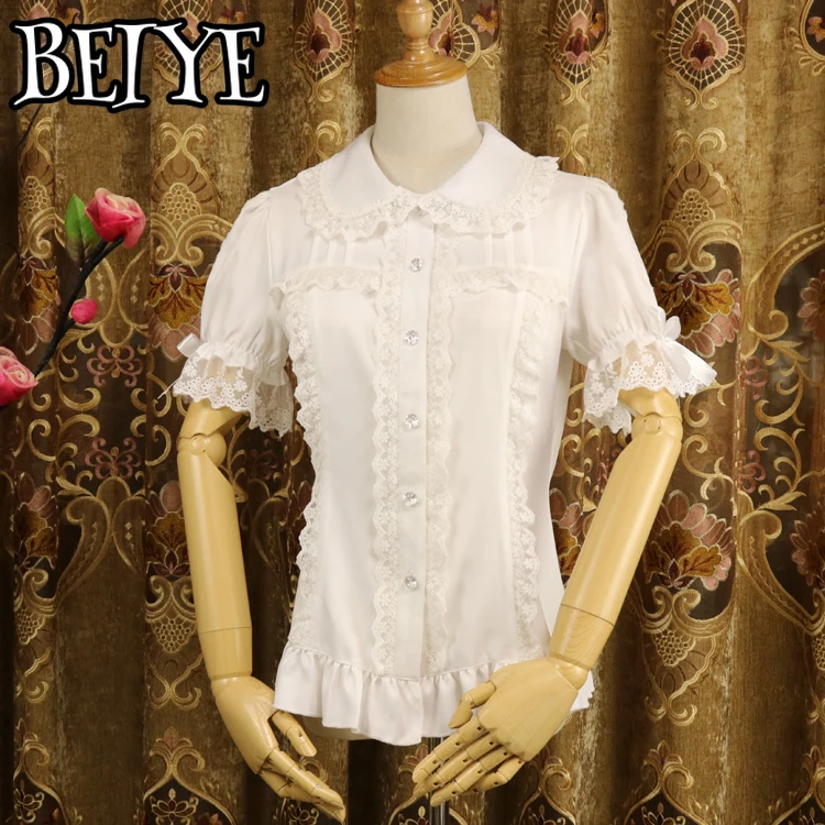 Camisas senhoras manga curta chiffon blusa branco/preto lolita botão para baixo camisa com mangas destacáveis blusas de mujer