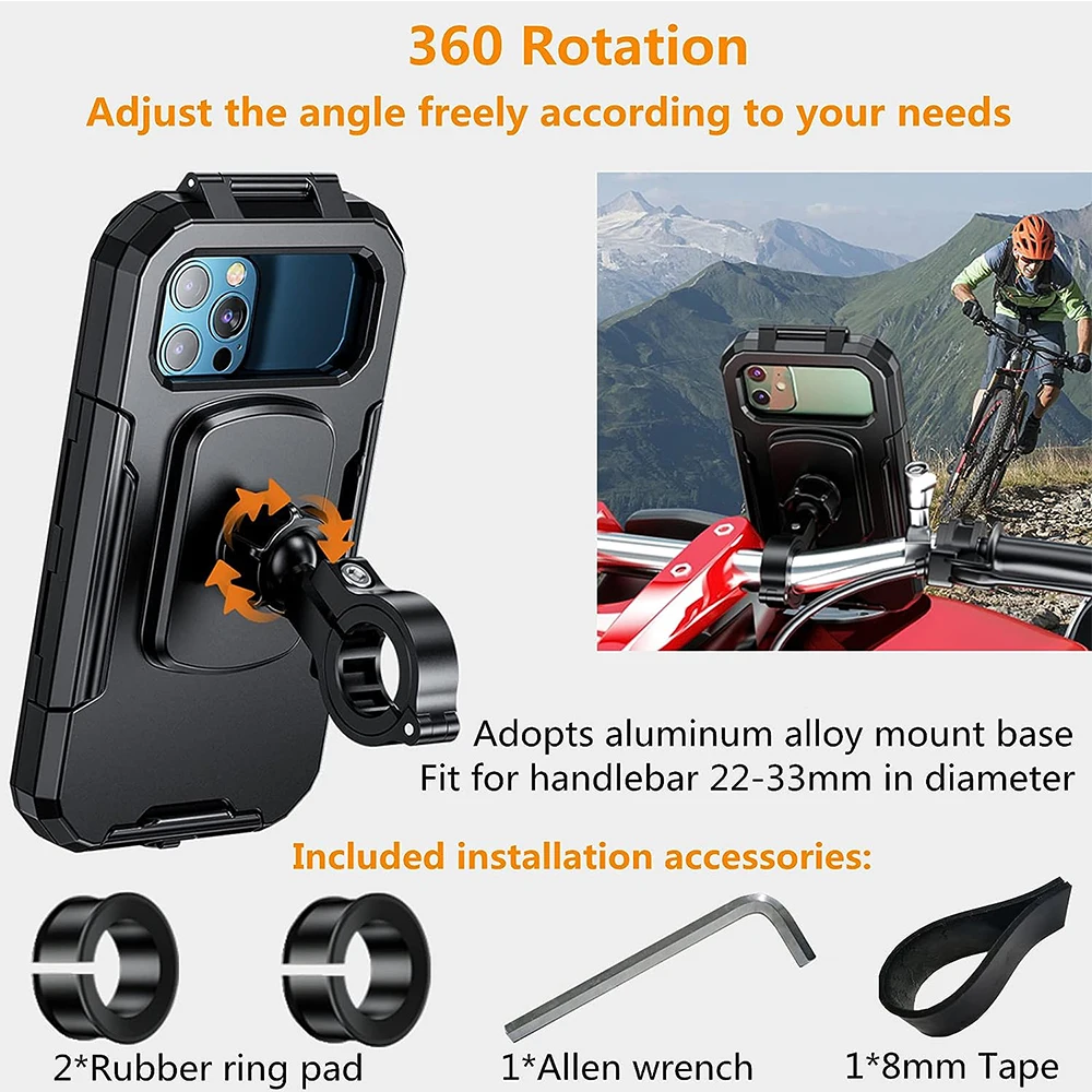 Bike Phone Holder Waterproof Case Motorcycle Scooter Phone Mount with Aluminum Handlebar Mirror Base Touch-Screen for 4.7\'\'-7\'\'