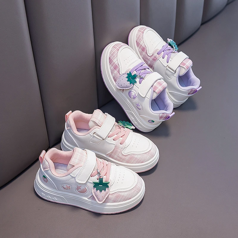 Toddler Girls Cute Strawberry Casual Sneakers, Spring Autumn Plaid Patchwork Hook and Loop Kids Skate Shoes, White Pink