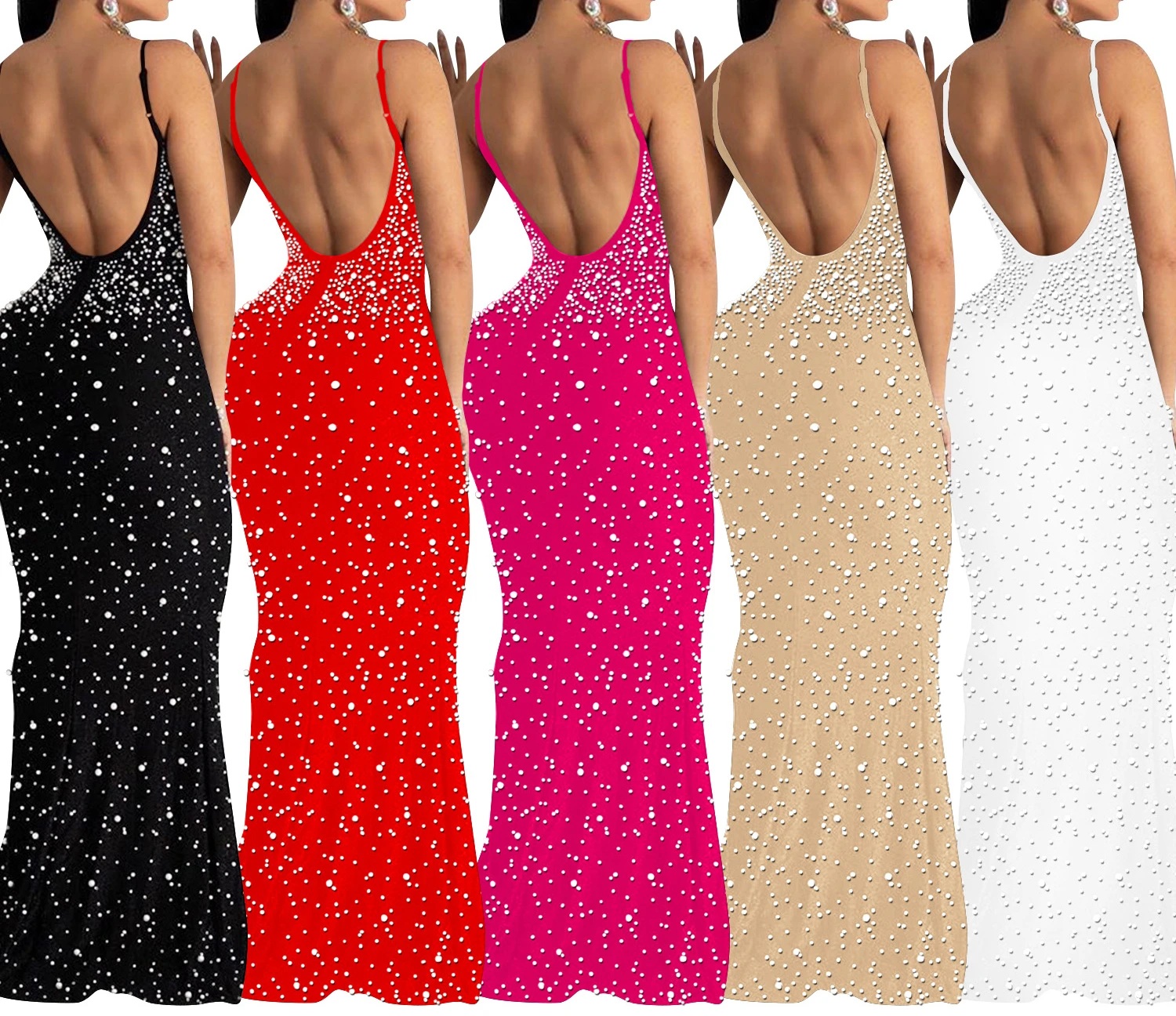 Trunpet Meerjungfrau Abendkleid Frauen Abendkleid Rückenfrei Perlen Spaghettiträger Bodycon Clubwear Elegante Cocktailpartykleider