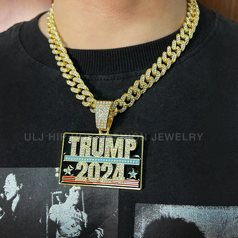 2024 New Hip Hop Men's TRUMP Letter Pendant With Cuban Chain Necklace For Men Independence Day Hip Hop Iced Out  Jewelry