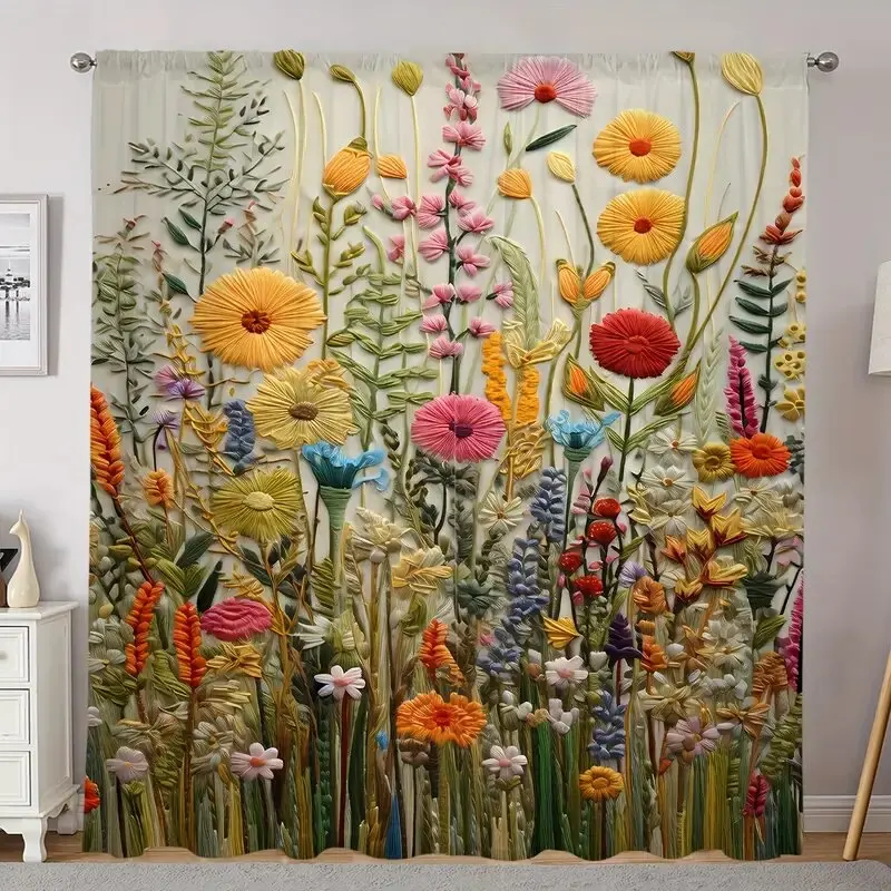 2 Pieces - Classic art and plant print curtains, pole bag curtains, home decoration, room decoration