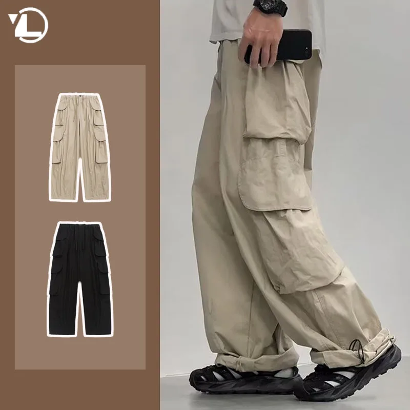 

New Multi Pocket Trend Cargo Pants Mens Japanese Street Drawstring Tooling Trousers High-quality Wide Legs Overalls Male 2024