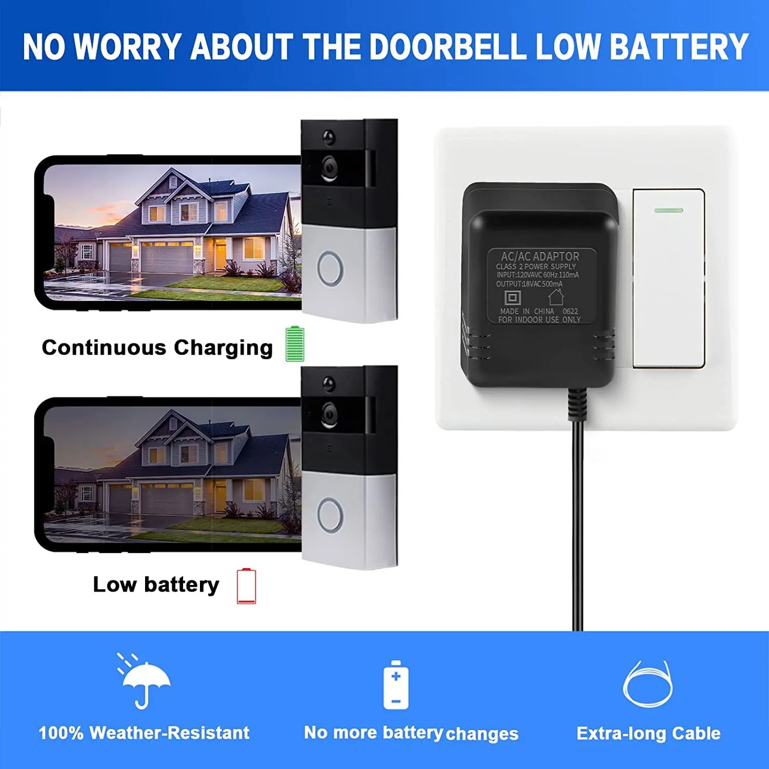 Video doorbell Special Power Transformer, 18V500MA Ring doorbell Power Adapter, Compatible with Ring, Nest, Eufy, Wyze,