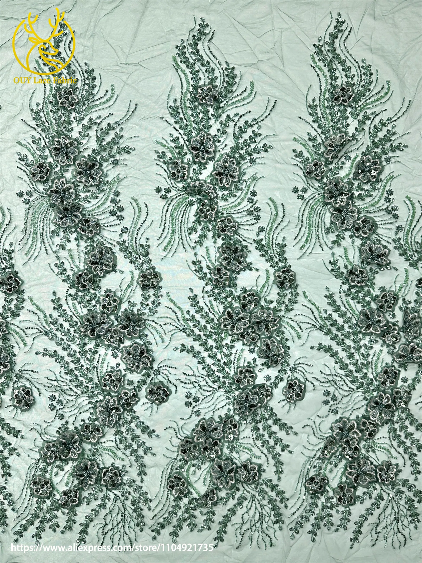 Afrikanischer Perlenstickerei-Spitzenstoff 2026 Hochwertige Französische 3D-Blumen-Pailletten-Stickerei Tüllspitze für Party- und Hochzeitskleider – Detail 9