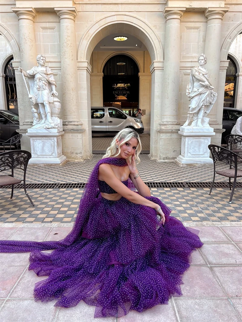 Xijun Princess Purple Long Evening Dresses Tiered A-Line Two-Pieces Prom Dresses Sleeveless Formal Birthday Party Gown Customize