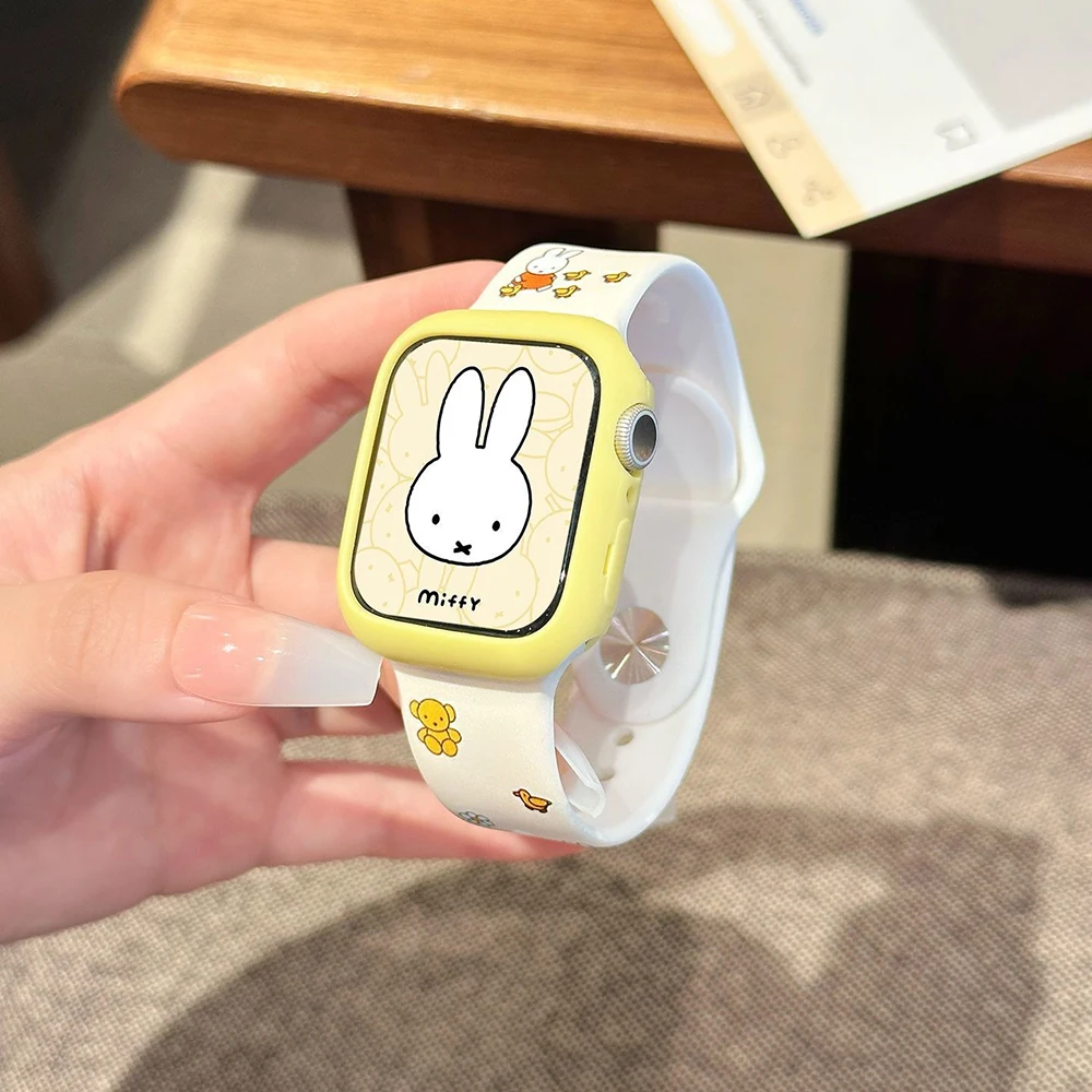 Kawaii Miffy Iwatch S1/2/3/4/5/6/7/8/9/10/SE/Ultra1/2 correa de reloj funda protectora bonita funda de correa de reloj regalo de silicona para niña