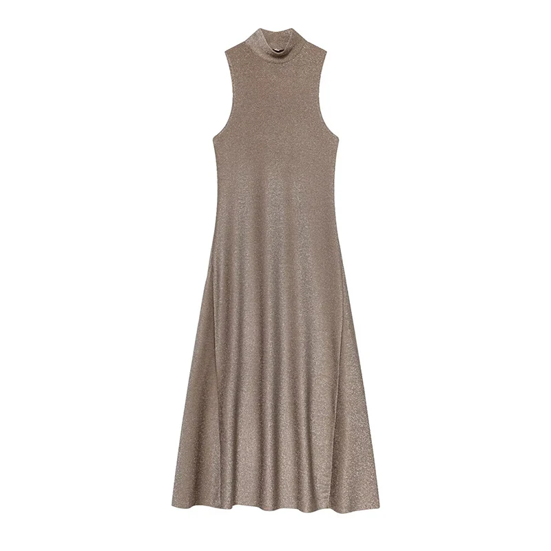 2025 Winter New Arrival, metallic-colored sleeveless dress with a semi-high collar design and sleeveless cut.