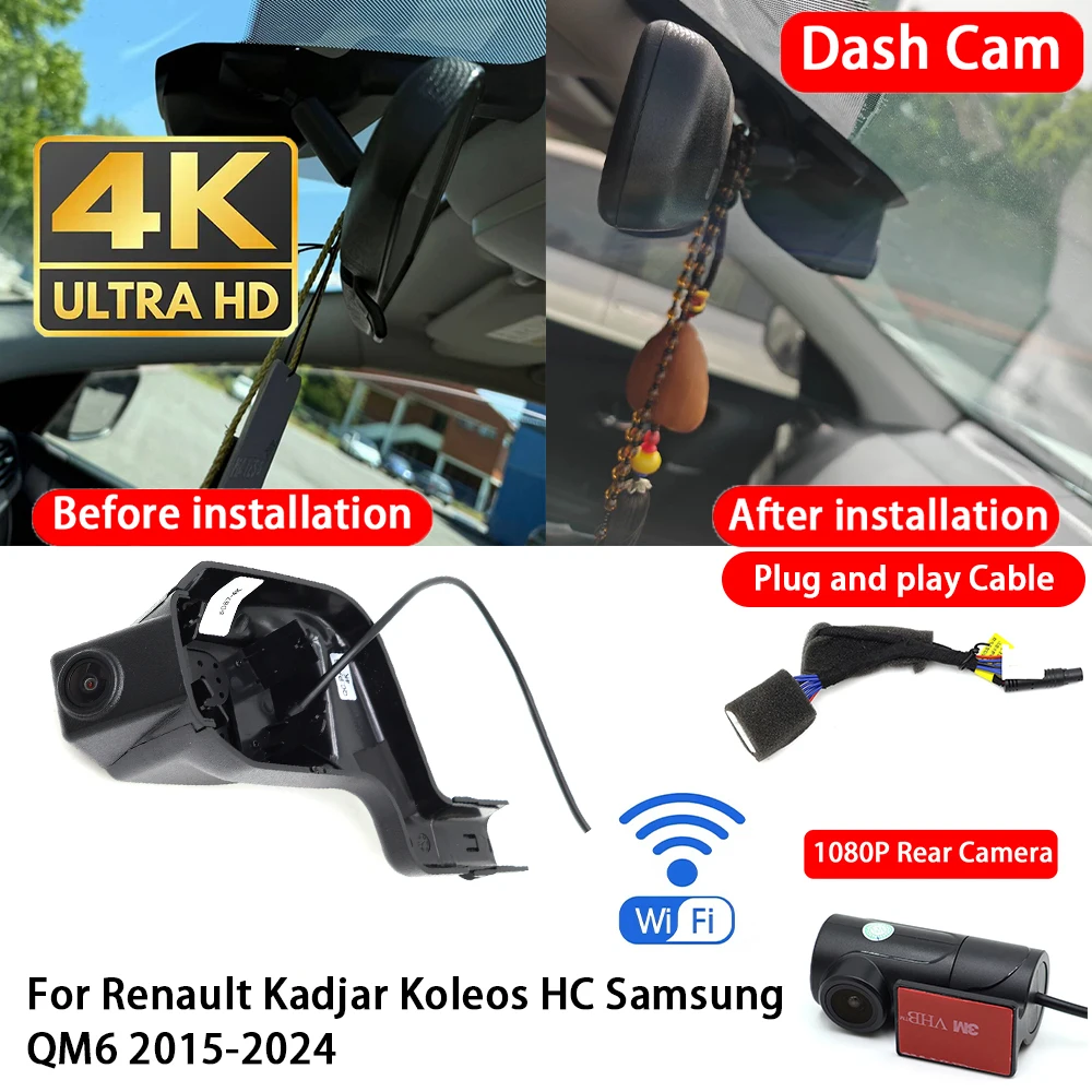 Cámara para Auto Renault Kadjar Koleos HC Samsung QM6 2015-2024, 4K 2160P, Delantera y Trasera, DVR, Wifi, Plug & Play, Grabadora de Video
