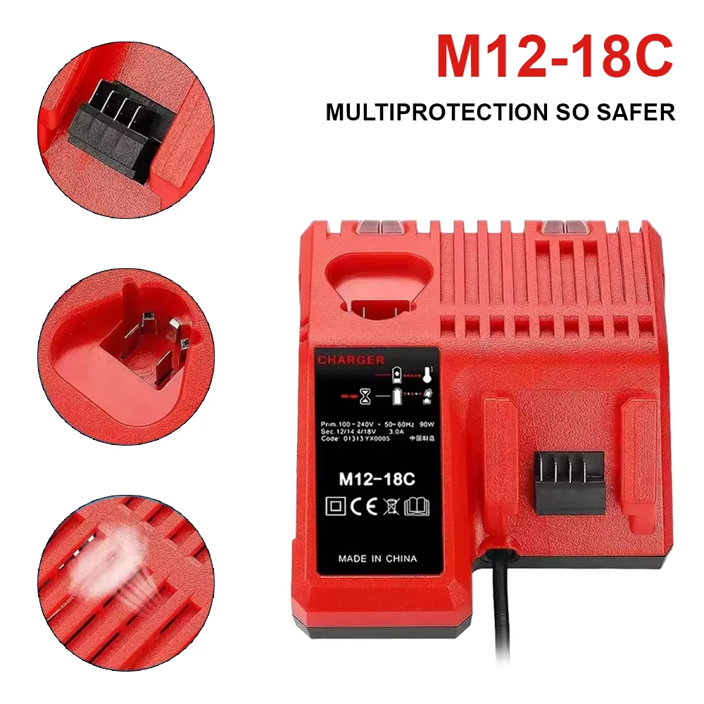 Replace 3A 12V 14V 18V Rapid Fast Li-Ion Charger Fit For Milwaukee M12-18C Dual Port Multi-Voltage Lithium-Ion Battery M12 M18
