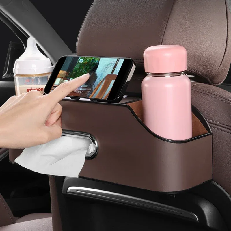 Car Multifunctional Leather Tissue Storage Box Under Seat Cute Auto Back Seat Paper Bag Place Water Cup Creative Portability