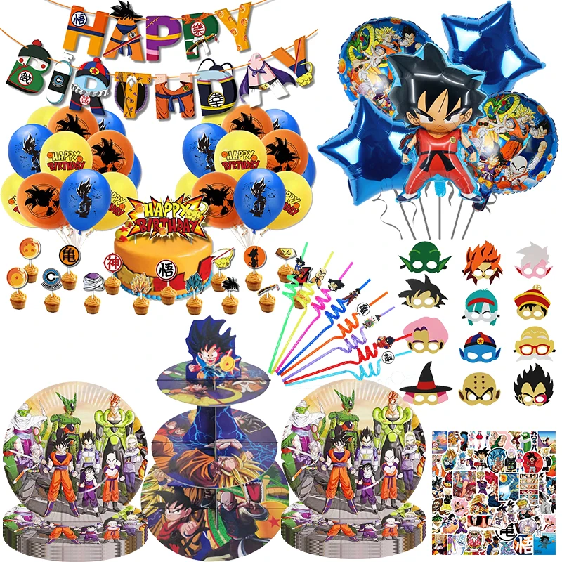 Decoraciones de fiesta de cumpleaños de Anime Dragon Ball Z, vajilla de fiesta temática de Goku, vasos de papel, platos, máscaras, globos,