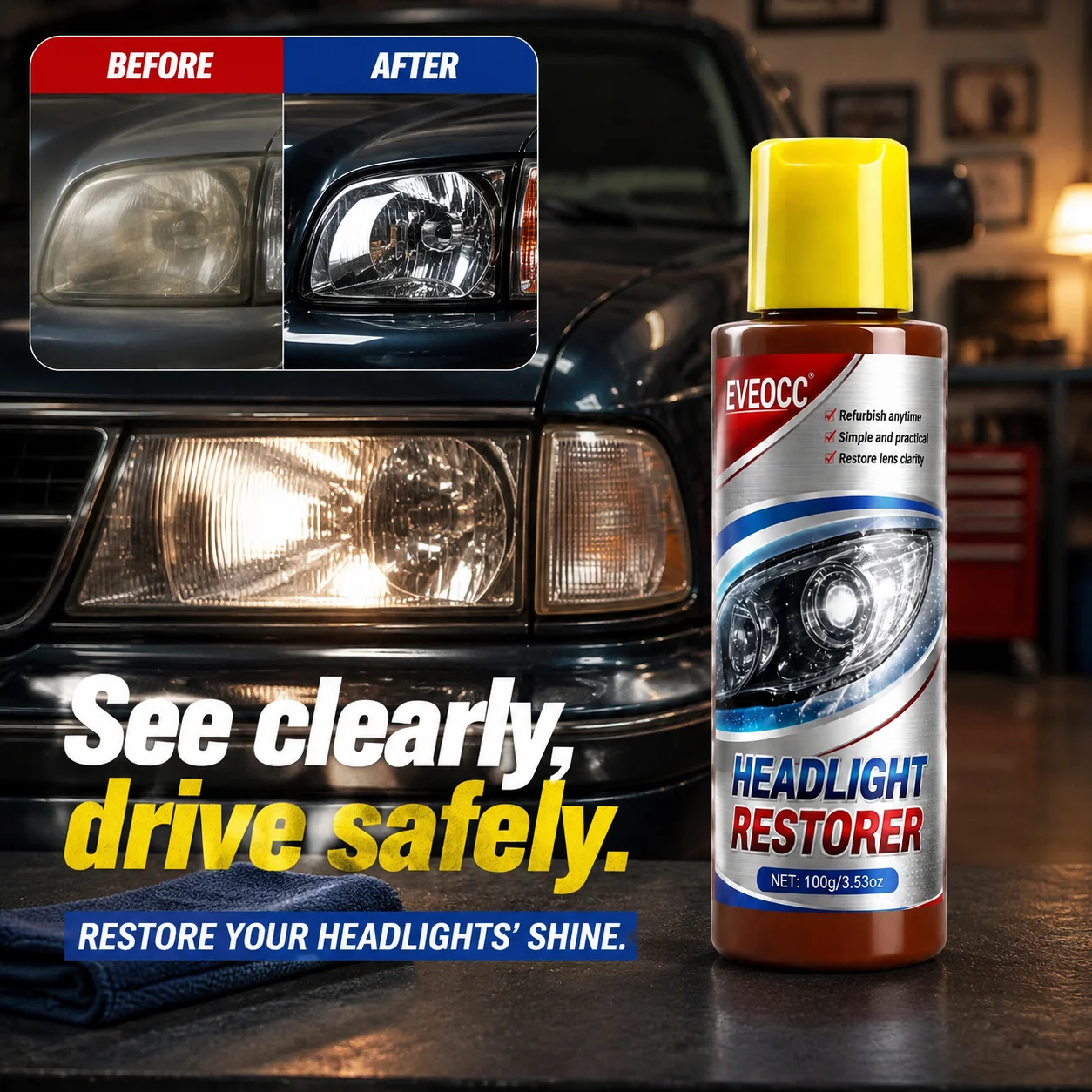 Professional Car Headlight Restorer, Remove Oxidation Yellowing Scratches, Restore Headlamp Lens Clarity Brightness