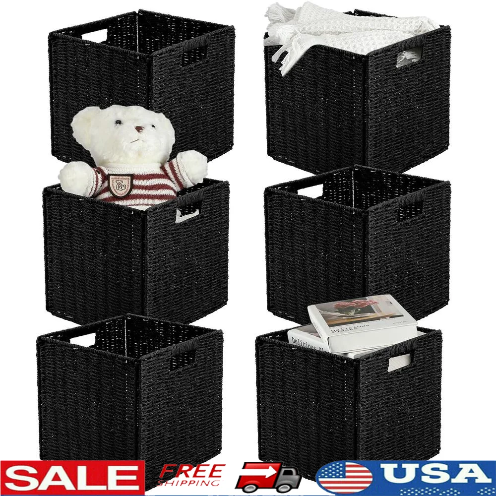 6pcs Large Wicker Storage Basket Cubes Handwoven Foldable Bins Shelves Pantry Organi