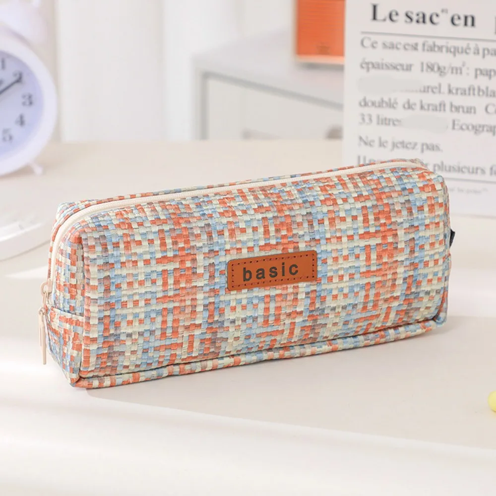

Portable Kawaii Woven Pencil Case Large Capacity Scratch-proof Cosmetic Storage Bag Canvas Plaid Little Fragrance Pen Bag Girls