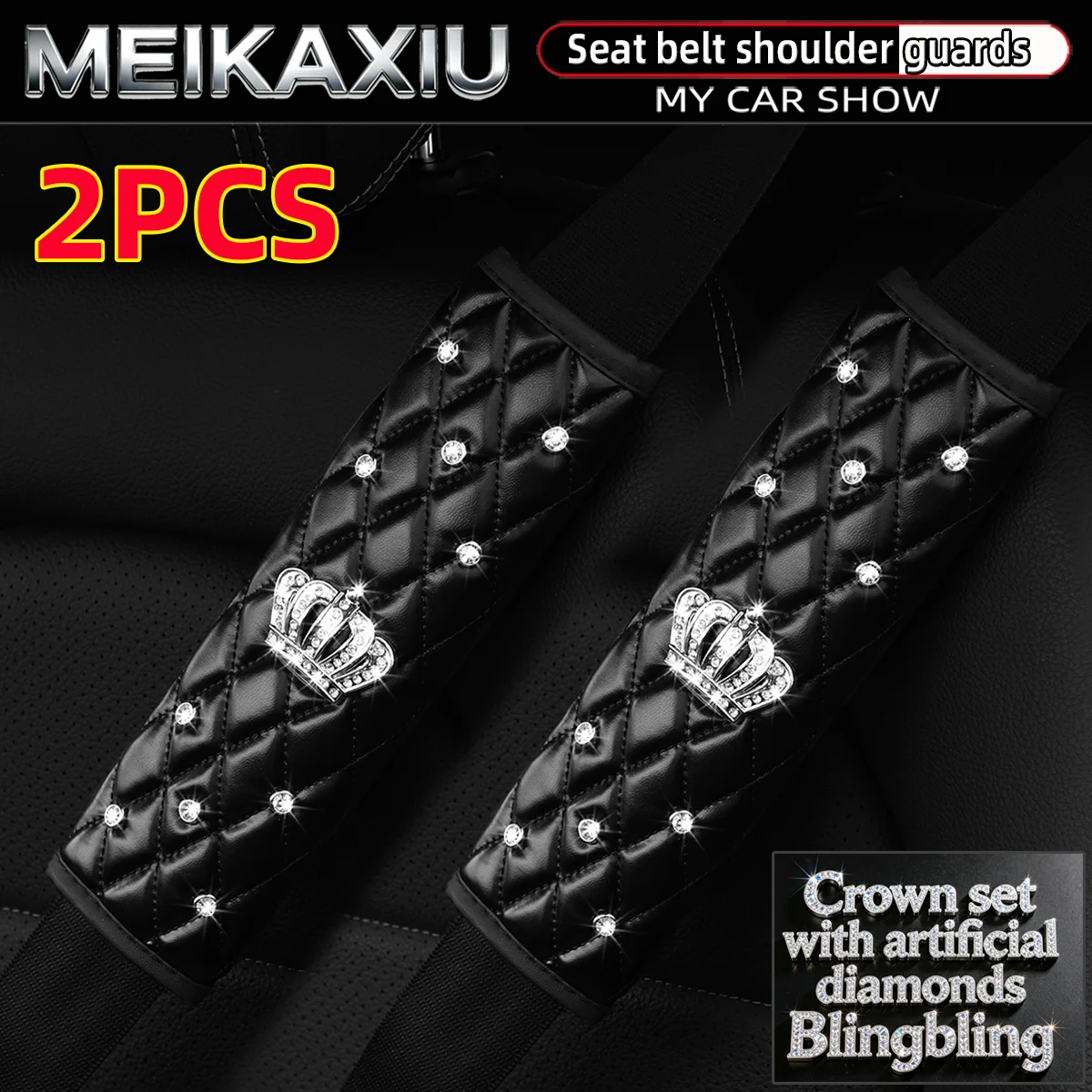 Soft Leather Diamond-Encrusted Crown Car Shoulder Guard 1PC/2PCS Safety Belt Decoration Shiny Accessory for Women's Cars