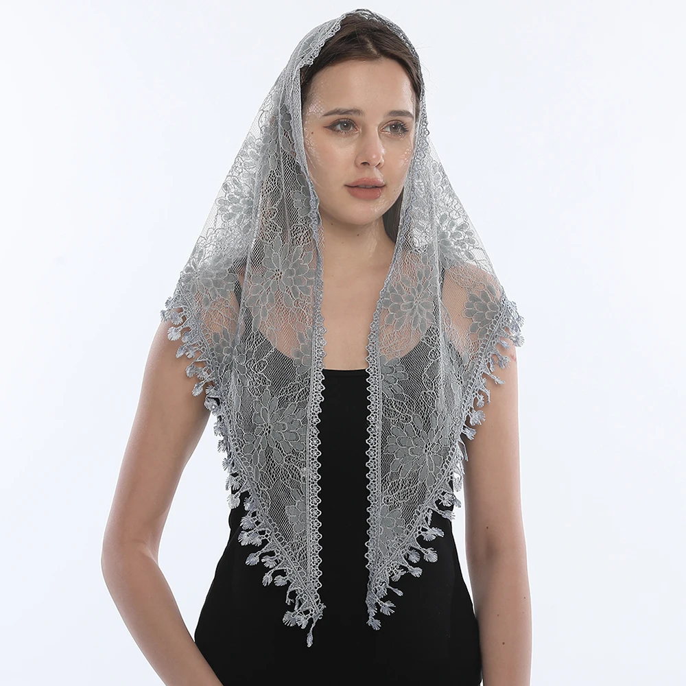 Women Lace Veil Triangle Scarf for Church Embroidered Scarf Tassel Church Shawl Pendant Spanish Lace Mantilla Veil Head Cover