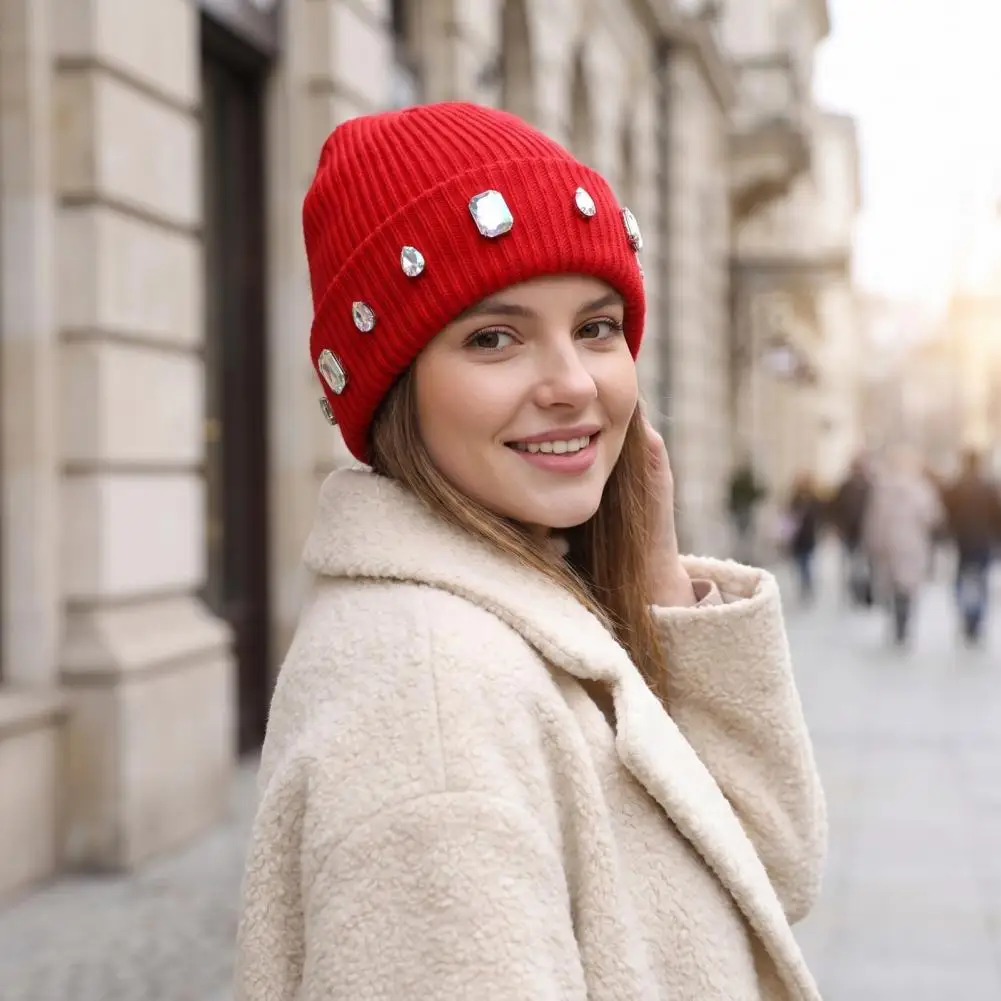 Cozy Ear Warmer Glitter Rhinestone Knit Hat Women’s Warm Stretch Skull Cap Cozy Sparkling Winter Soft Comfortable Fit Weather