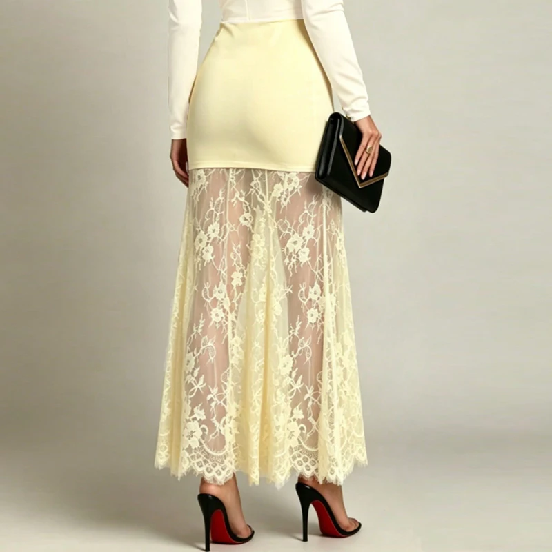 Office Temperament Lace Patchwork Women Skirt Fall Retro Pleated Hem Long Skirt Simple Solid Color High Waist Slim A Line Skirt