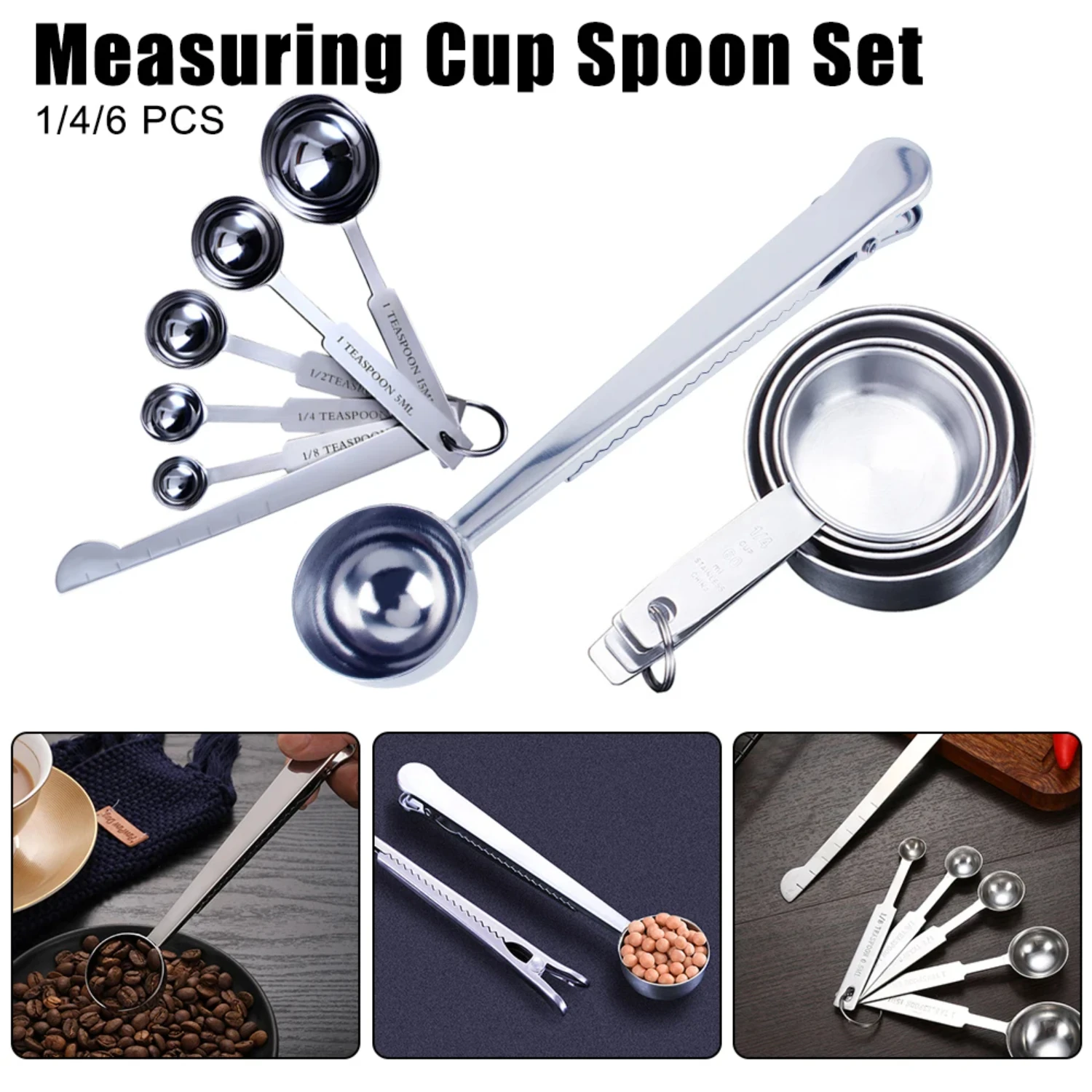 1/4/6 PCS Stainless Steel Stackable Kitchen Accessories Coffee Measuring Spoon Baking Tools Measuring Cups and Spoons Set