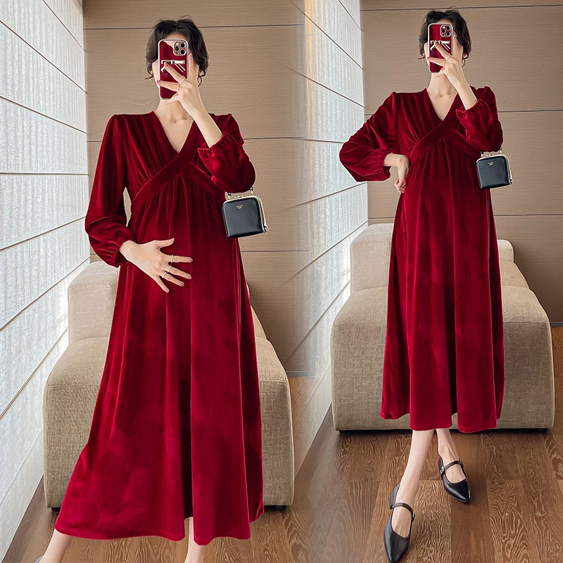 Vestido de maternidade com decote em v de mulher grávida, Vestido básico, Manga comprida, Veludo, Tamanho positivo, Preto, Vermelho, Elegante,