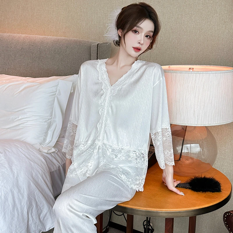 Spring and Summer New Women's Princess Ice and Snow Silk Pajamas Simple Solid Color Long-sleeved Trousers Pajamas Set Home Wear