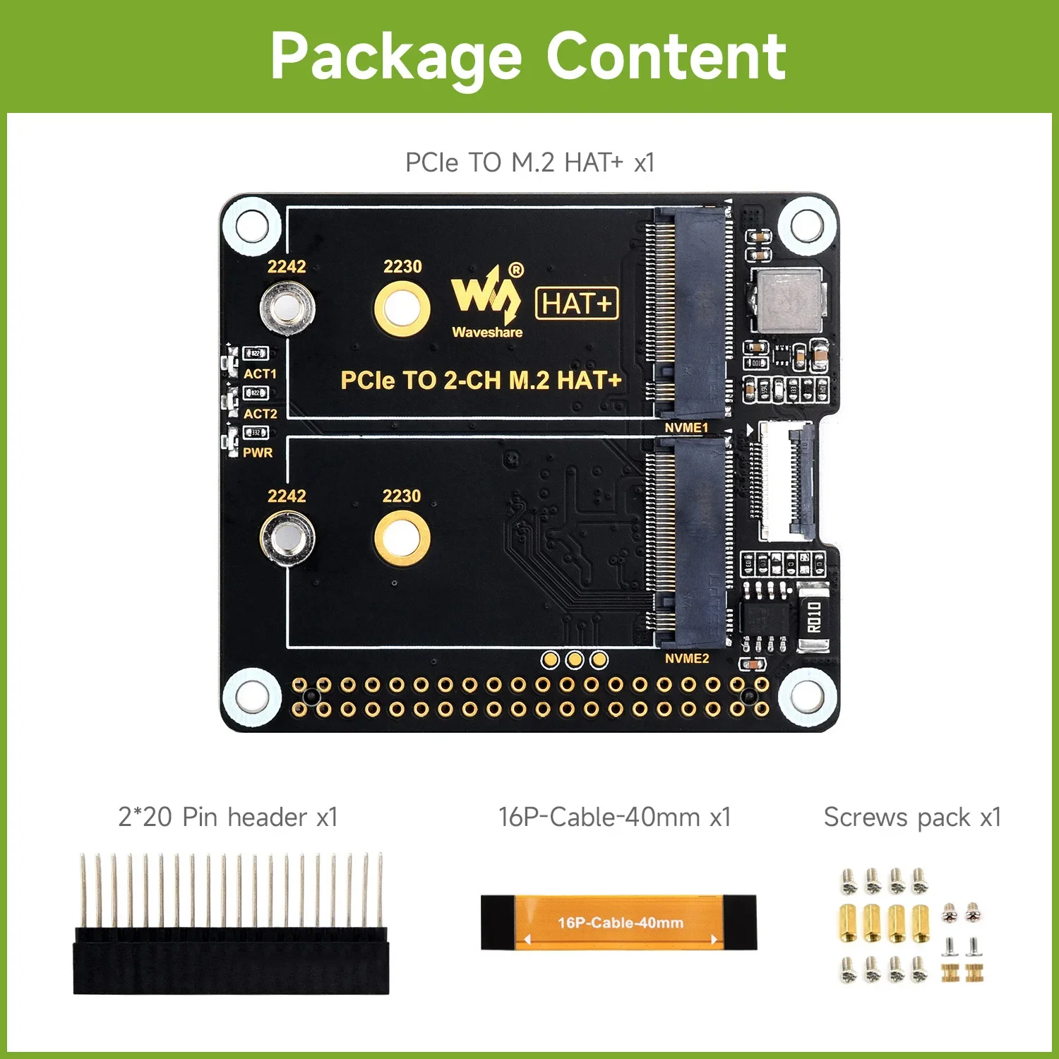 Waveshare PCIe To 2-ch M.2 Adapter, Compatible with 2230/2242 Size NVMe Solid State Drive, Raspberry Pi 5 M.2 HAT