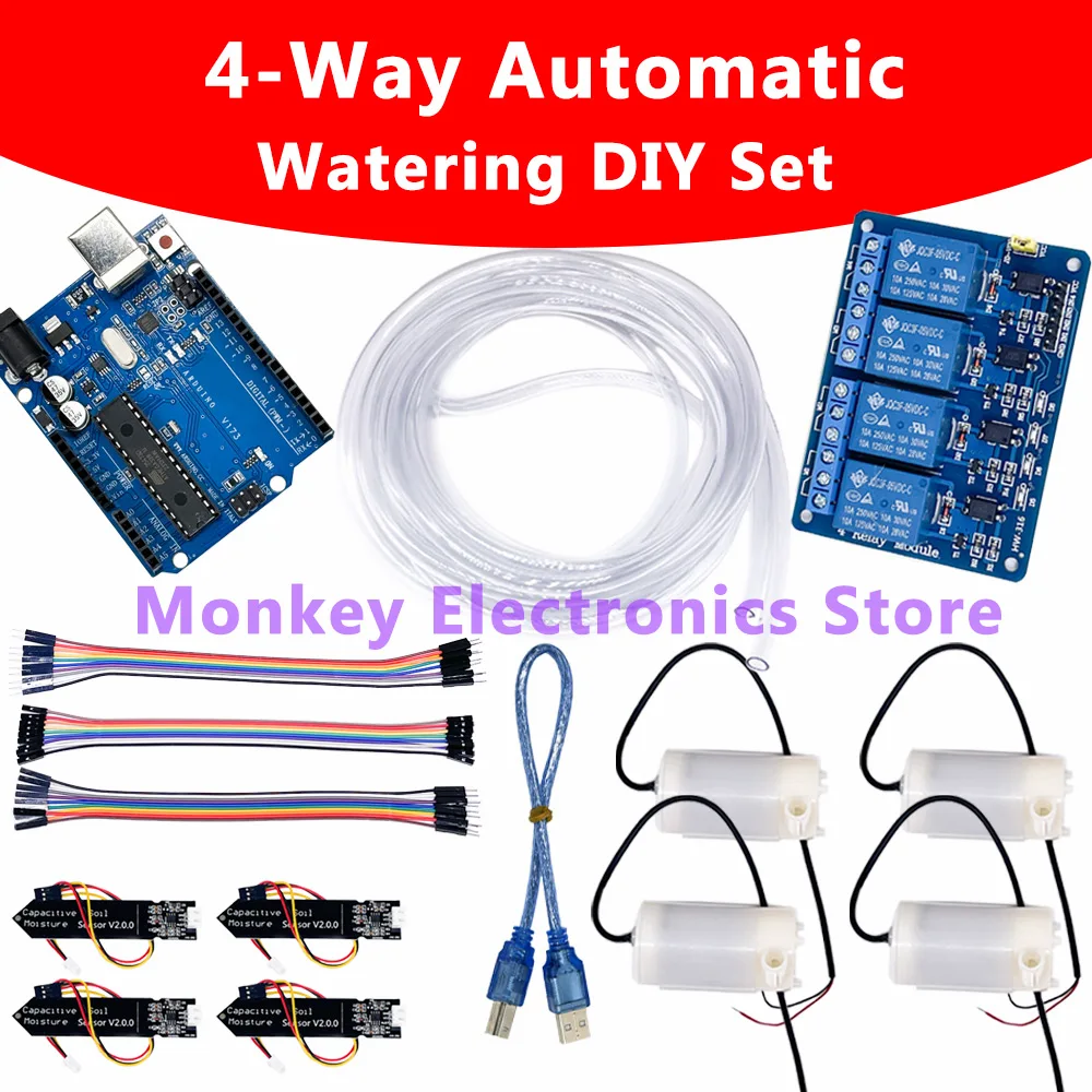 4 Way Automatic Watering DIY Set for 4-way Relay , 4 water pump , 4 soil sensors ,or have Uno R3 board , Dupont cables for set