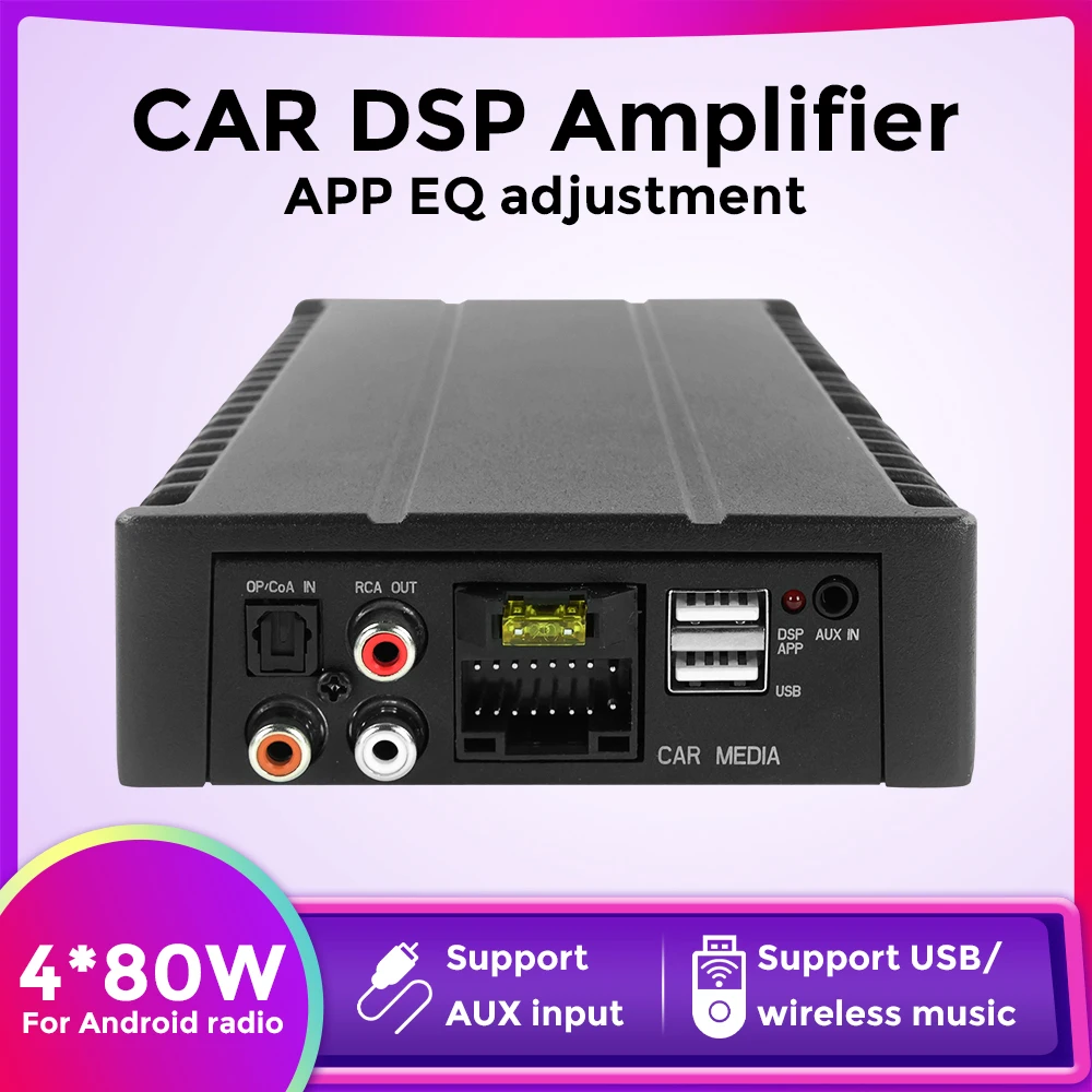 4*80W DSP Amplificatore Auto Digitale Processore Audio con Cablaggio 16 Pin Radio Stereo USB RCA AUX App Android EQ Regolazione