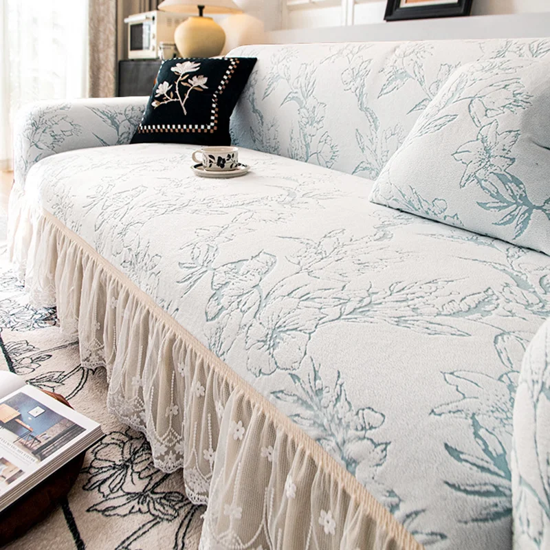 Nordic Flower Jacquard Lace Skirt Sofa Cover Soft Polar Fleece All-Inclusive Dust Cover for Sofa Easy-Care Elastic Couch Covers