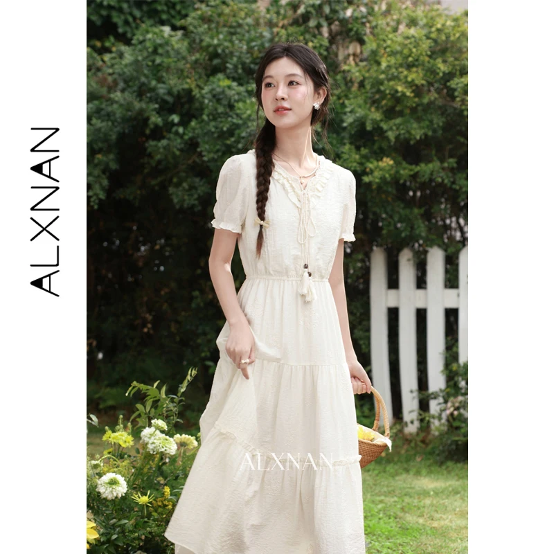

ALXNAN Women's Dress V-neck Short Sleeve Embroidered Long Dresses Casual Elegant Summer Holiday Beach Female Clothing L61708