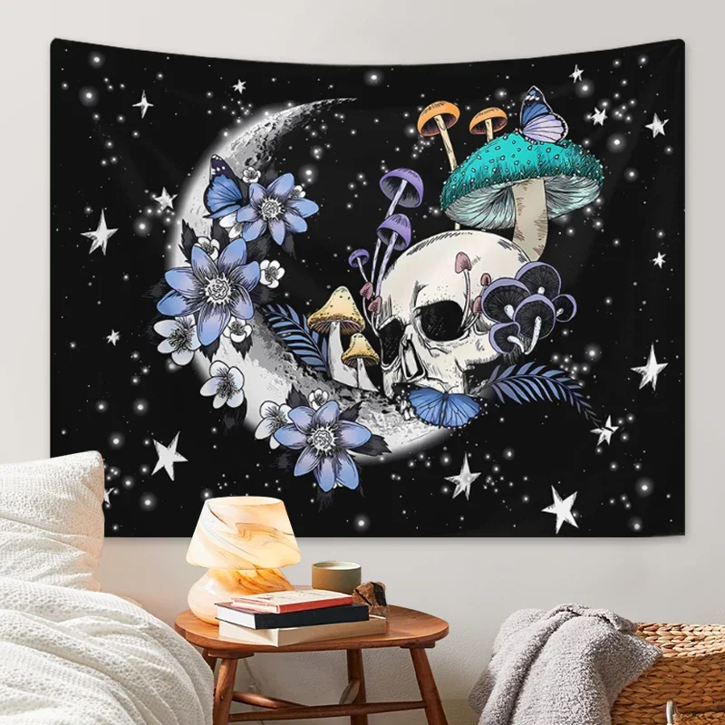 Terrifying Skull Mushroom Moon Tapestry, Stars, Butterflies, Flowers, Polyester Tapestry