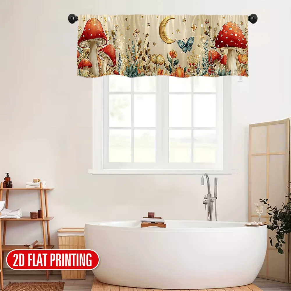 1pc Printing Mushroom Garden with Moon Valance Curtain, Rod Pocket Design, Easy Installation, Suitable for Kitchen, Bathroom view 5