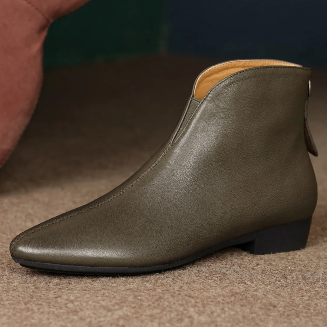 Damskie buty z owczej skóry ze szpiczastym noskiem i zamkiem błyskawicznym z tyłu jesienne botki wysokiej jakości miękkie wygodne codzienne damskie krótkie botki