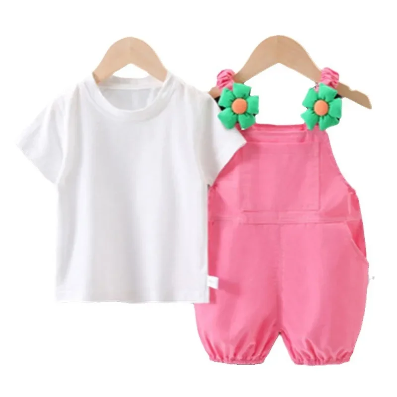 

New Summer Baby Girls Clothes Suit Children Cute Short Sleeved T-Shirt Overalls 2Pcs/Sets Toddler Casual Costume Kids Sportswear