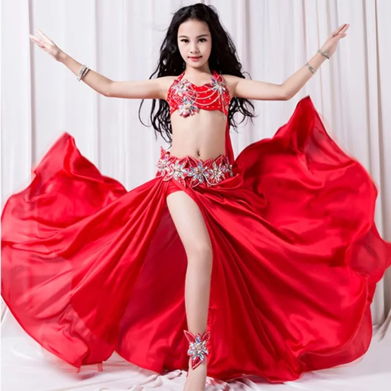 

Customized Girls' Oriental Belly Dance Bra Long Skirt Waist Cover Performance Dress Set Children's Indian Dance Practice Dress