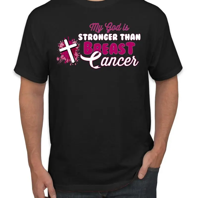 Mi Dios es más fuerte que la pintura del cáncer de mama Splatter Cross hombres camiseta