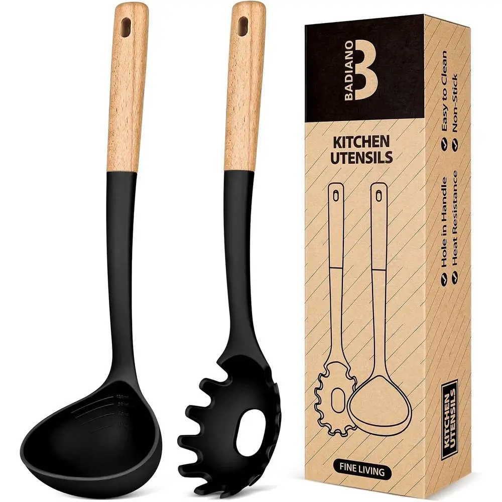 Silicone Pasta Ladle Set for Serving Soup and Stirring Sauces, Wood Handle, BPA-Free, Suitable for Nonstick Cookware (Black)