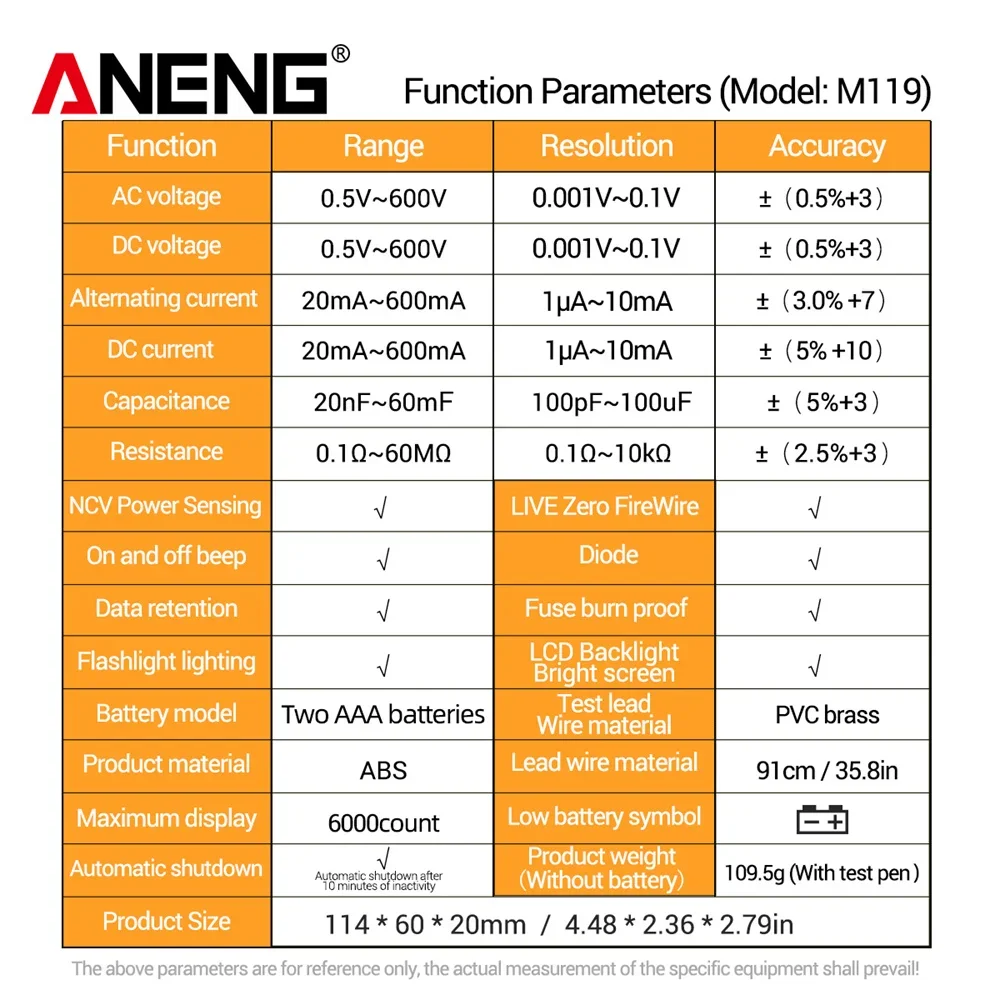 ANENG M119 Digital Multimeter 6000 Count Tester AC DC Voltage DC Current Transistor Capacitor MeterWith NCV Data Hold Flashlight