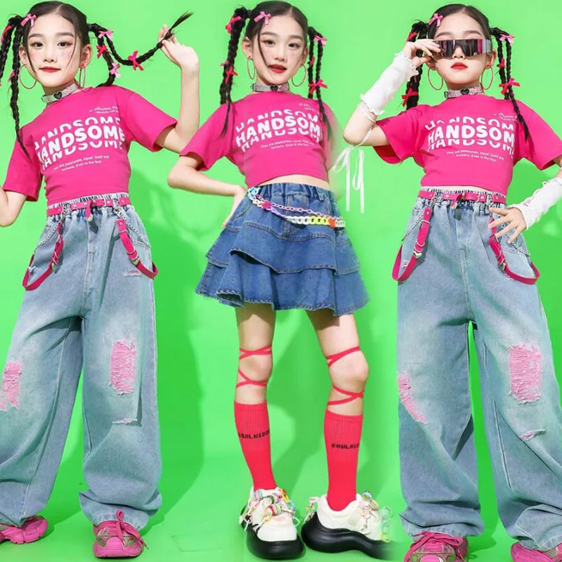 Girls Hip Hop Rose Crop Tshirt Child Streetwear Denim Pants Skirt Clothes Sets Street Dance Tank Top Kids Summer Jazz Costume